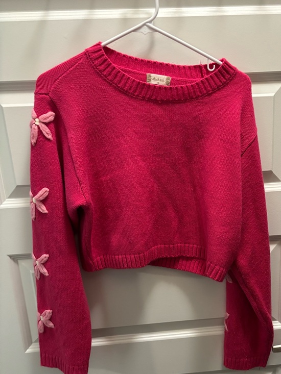 Altar'd State Sweaters - Altar'd State Hot Pink Cropped Crewneck Sweater with Floral Sleeve Details